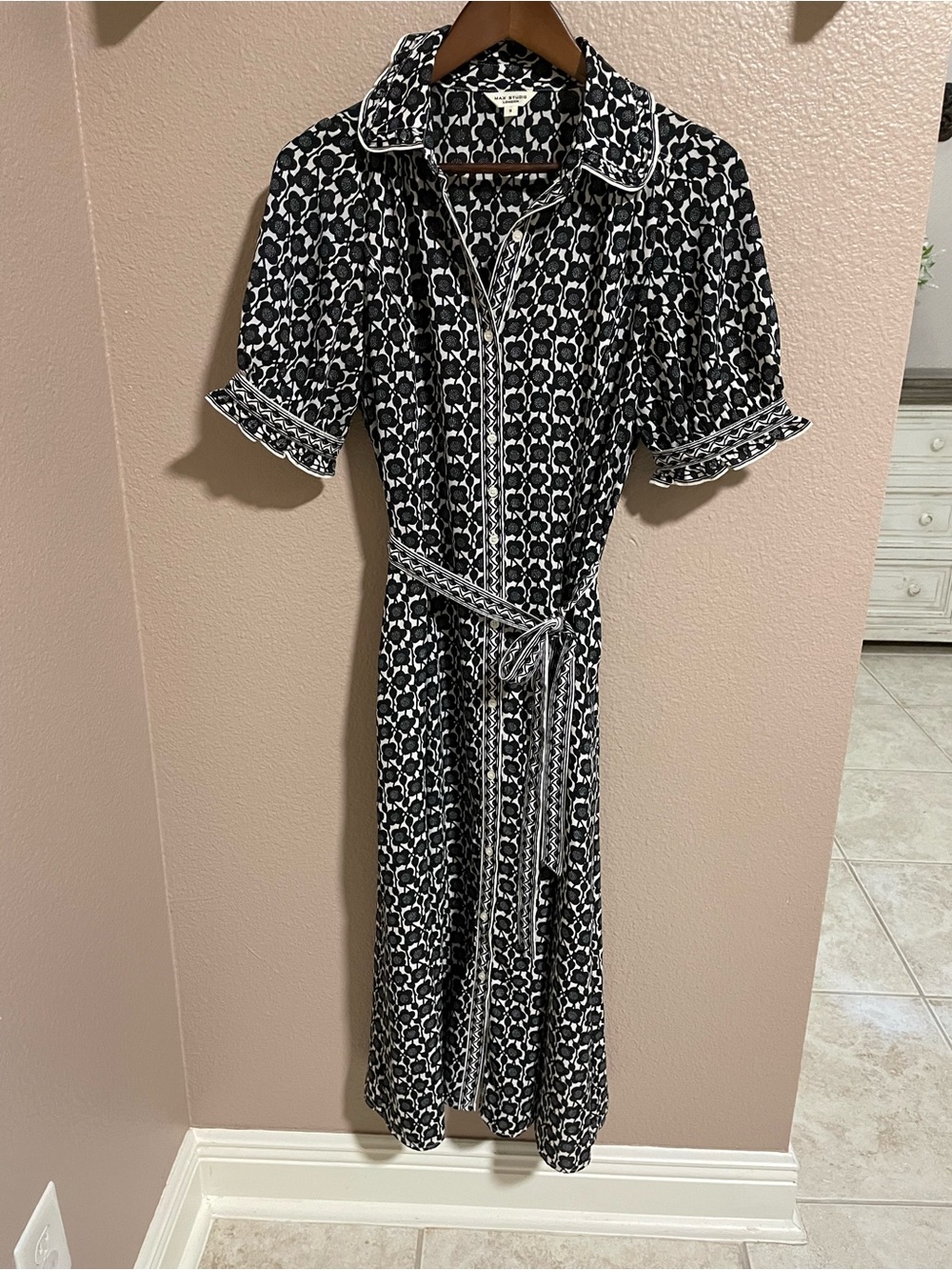 Max Studio Black & White Printed Midi Shirt Dress with Tie Waist